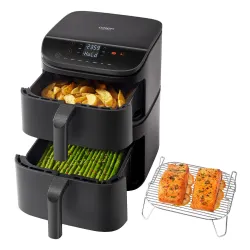 Geopende manden van de Cosori Turbo Tower, met ingrediënten Geopende manden van de Cosori Turbo Tower, met ingrediënten