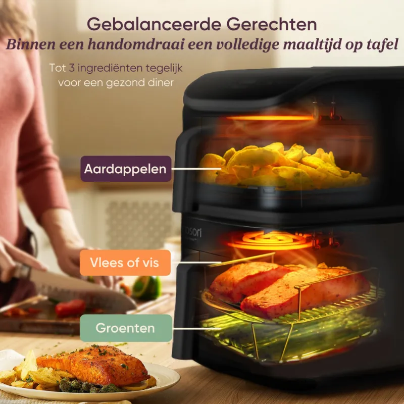 Gebruik het bijgeleverde grillrek voor een extra verdieping en bereid aardappelen, groenten en vlees of vis in één keer Gebruik het bijgeleverde grillrek voor een extra verdieping en bereid aardappelen, groenten en vlees of vis in één keer