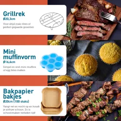 Cosori Airfryer accessoireset Grillrek, Mini muffinvorm en 100 bakpapier airfryerbakjes