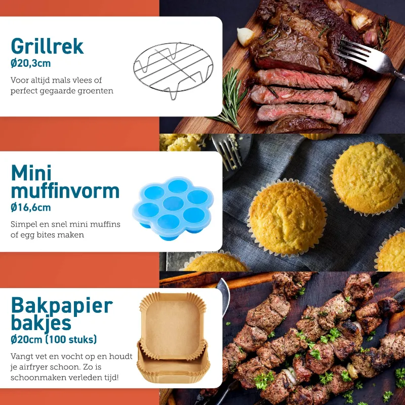 Cosori Airfryer accessoireset Grillrek, Mini muffinvorm en 100 bakpapier airfryerbakjes