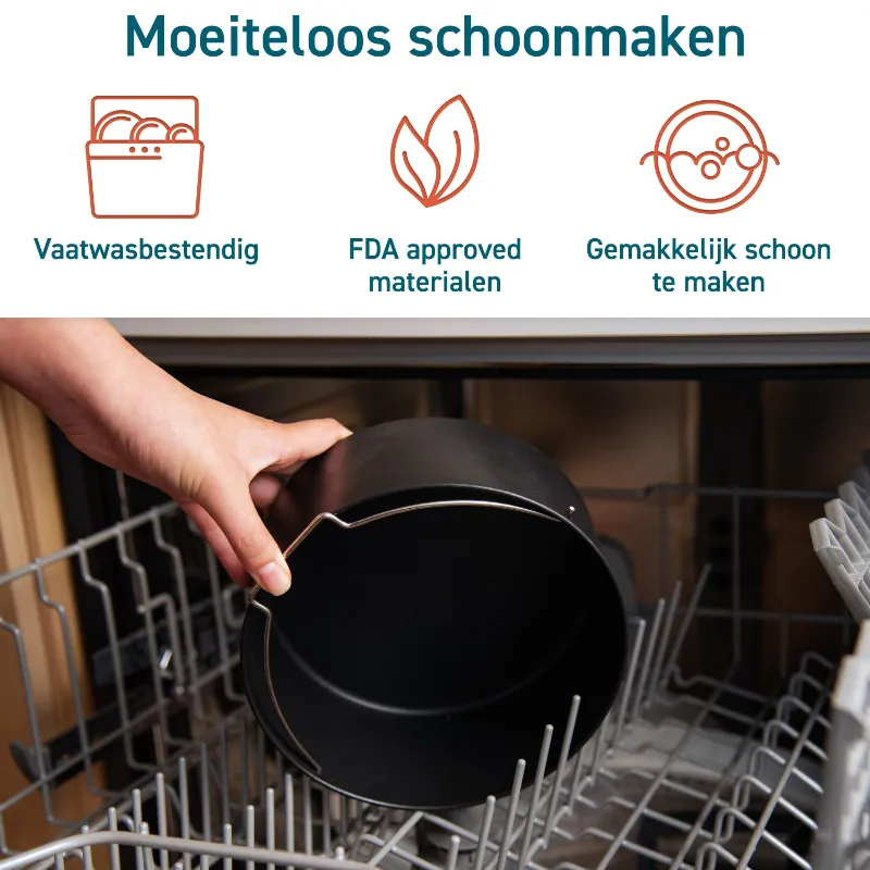 Cosori Airfryer accessoireset gemakkelijk schoonmaken door de vaatwasbestendige onderdelen en anti-aanbaklaag
